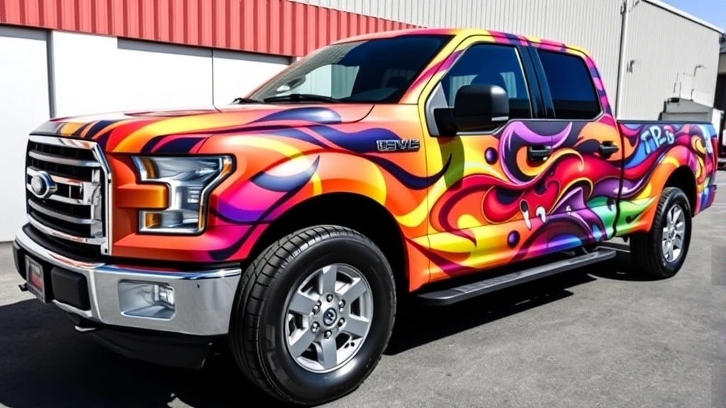 Completed full truck wrap displaying vibrant multi-color custom design on commercial pickup truck photographed from three-quarter angle in bright daylight