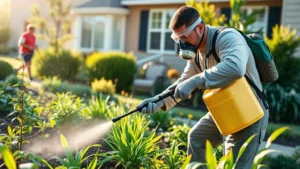 Professional gardener wearing full protective equipment including long sleeves, gloves, goggles, and respirator while spraying herbicide on weeds in a residential garden bed, morning sunlight, realistic photography