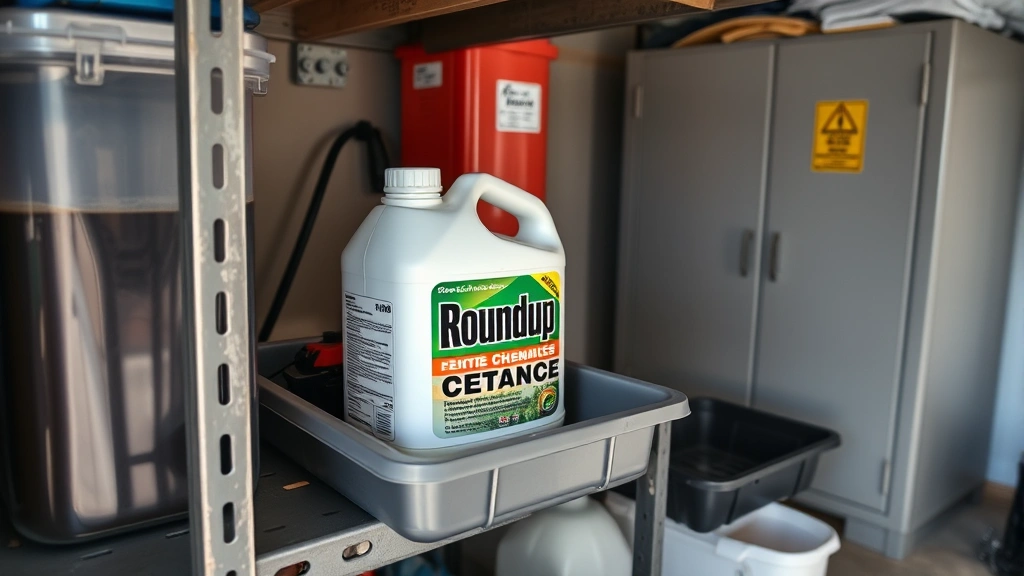 Close-up of properly organized chemical storage area in a garage showing clearly labeled Roundup container in original packaging stored on a shelf with secondary containment tray, locked cabinet visible in background