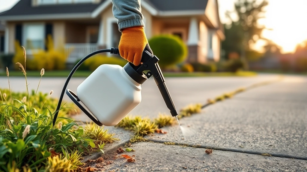 DIY homeowner using handheld pump sprayer on driveway weeds during calm morning conditions, wearing protective gloves and long sleeves, spray nozzle properly directed downward, residential house and landscaping in soft background