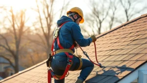 Professional roofer in full safety harness and hard hat working on pitched residential roof with fall protection anchors visible, morning sunlight, showing proper equipment setup