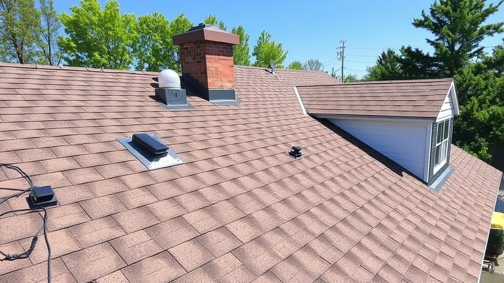 Residential home roof inspection showing various roof penetrations, valley flashing, soffit vents, and proper ventilation system from elevated angle, clear sunny conditions