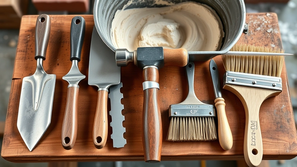 Close-up overhead view of organized masonry hand tools on a wooden workbench: brick trowel, margin trowel, pointing trowel, mason's hammer, jointing tool, and masonry brush arranged neatly with mortar in a metal tub in background, professional construction setting