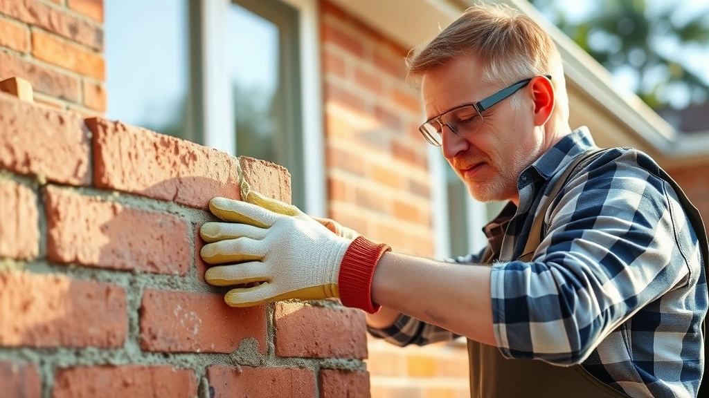 Experienced mason in safety glasses and work gloves applying mortar to brick with a trowel, showing proper technique and hand positioning on a residential brick wall project, afternoon sunlight, dust particles visible in air