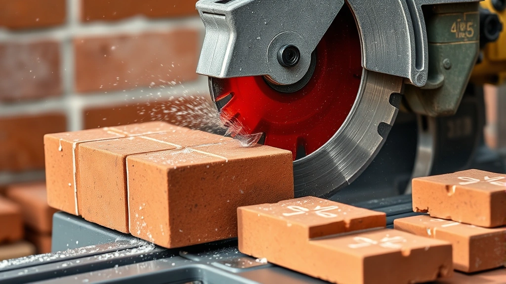 Wet saw with masonry blade cutting a red brick cleanly with water spray cooling system active, showing precision cutting technique with cut brick pieces stacked nearby, close-up of blade engagement with brick material