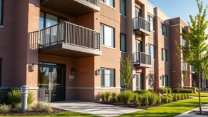 Professional residential apartment building exterior with modern architecture and well-maintained landscaping, daytime natural lighting, showing typical rental property conditions