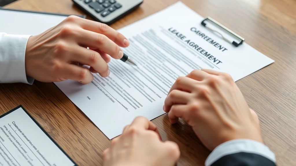 Close-up of hands reviewing lease agreement document on wooden table with pen, calculator, and notepad visible, focused on contract terms and conditions