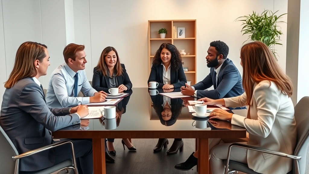 Diverse group of people sitting at negotiation table in professional office setting, discussing apartment lease terms with formal documents and coffee cups present