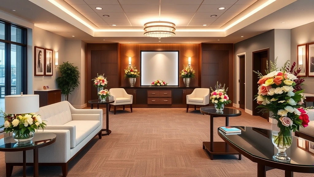 Modern funeral home interior with elegant seating area, soft lighting, and memorial flowers on display tables, showing professional cremation service facility environment