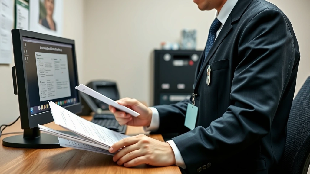 Close-up of crematory operator in professional attire reviewing documentation and identification procedures at funeral home desk with computer and filing system