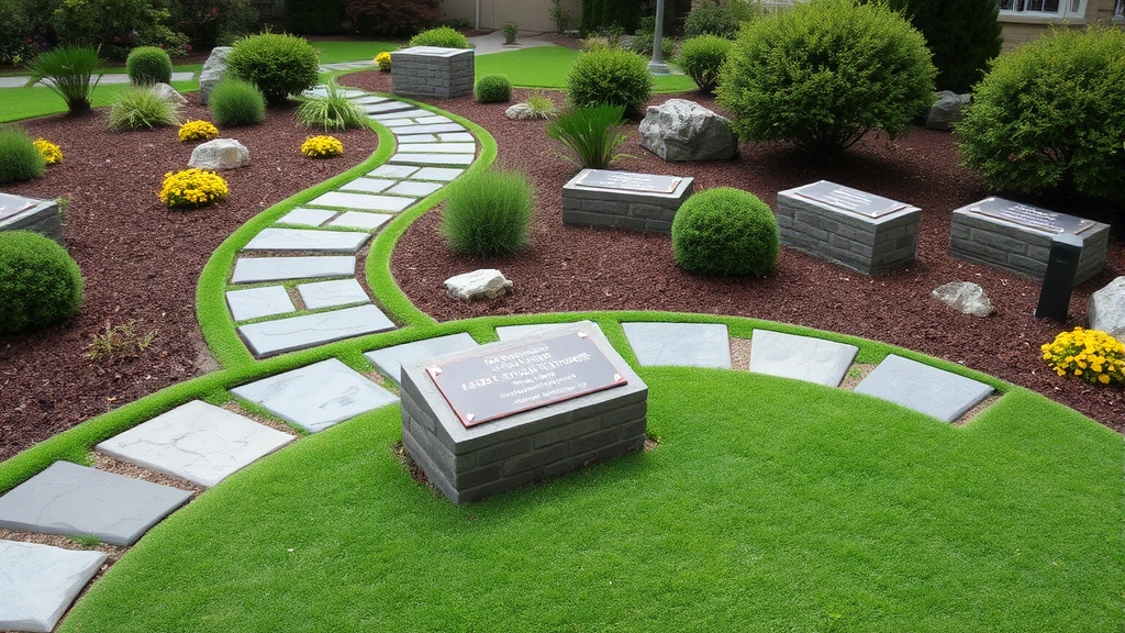 Peaceful memorial garden with stone pathways, landscaping, and memorial plaques, showing dignified final resting place for cremated remains