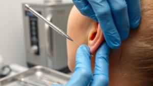 Close-up of professional piercing artist using sterile hollow needle on earlobe with proper angle and technique, wearing surgical gloves, autoclave machine visible in background, clean clinical studio setting with stainless steel tools on sterile tray