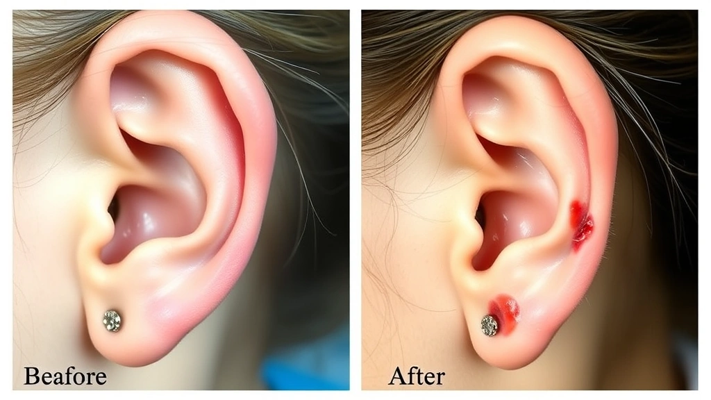 Before and after comparison showing healthy properly healed earlobe piercing versus infected swollen cartilage piercing with redness and keloid scarring, medical photography style