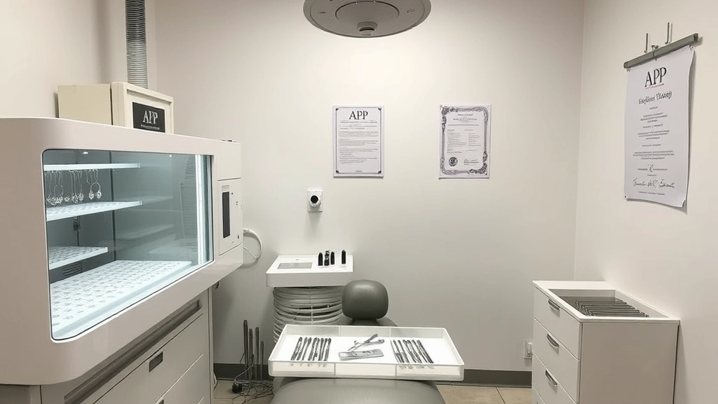 Professional piercing studio interior showing autoclave sterilization equipment, jewelry display case with titanium and surgical steel options, sterile instrument trays, APP certification on wall, clean bright clinical environment