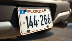 Close-up of Florida license plate attached to vehicle bumper with clear registration numbers visible in natural sunlight, photorealistic detail