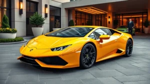 Sleek yellow Lamborghini Huracán parked in luxury hotel driveway with valet attendant in background, modern architecture, professional automotive photography, daytime lighting