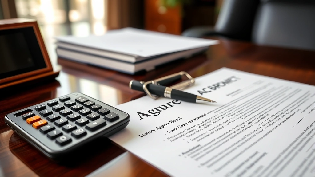 Close-up of luxury car rental agreement document with pen and calculator on mahogany desk, professional office setting, clear contract terms visible, natural lighting