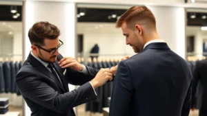 Professional male tailor fitting a dark navy wool suit jacket on a customer in a well-lit formal wear boutique with mirrors and fitting platforms, showing proper shoulder and sleeve adjustment techniques