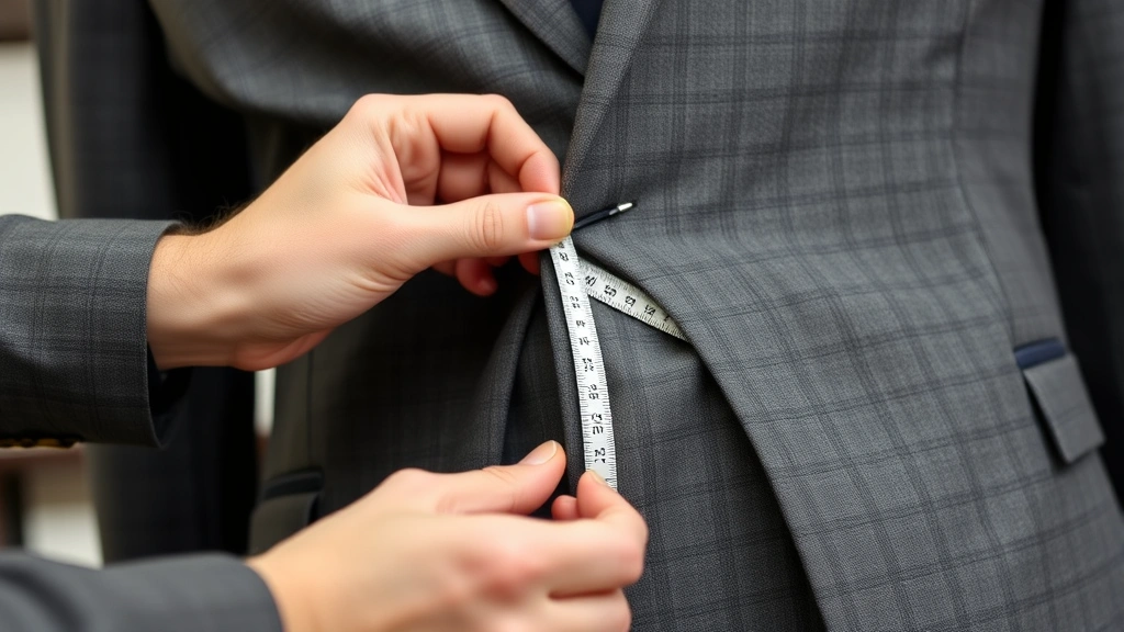 Close-up of a skilled tailor's hands pinning and marking suit alterations on a charcoal gray suit jacket, showing hemming and seam adjustment work with pins and measuring tape