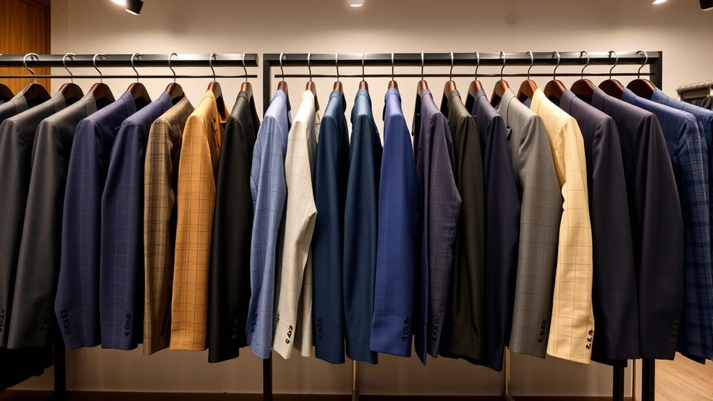 Complete formal suit rental display showing multiple suit colors and styles hanging on racks in a modern menswear rental shop, with organized size sections and professional lighting