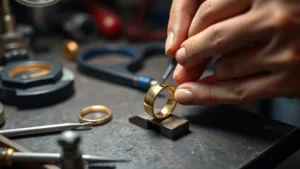 Close-up of jeweler's hands using specialized resizing tools on a gold ring band on a jeweler's bench with precision instruments and protective equipment visible