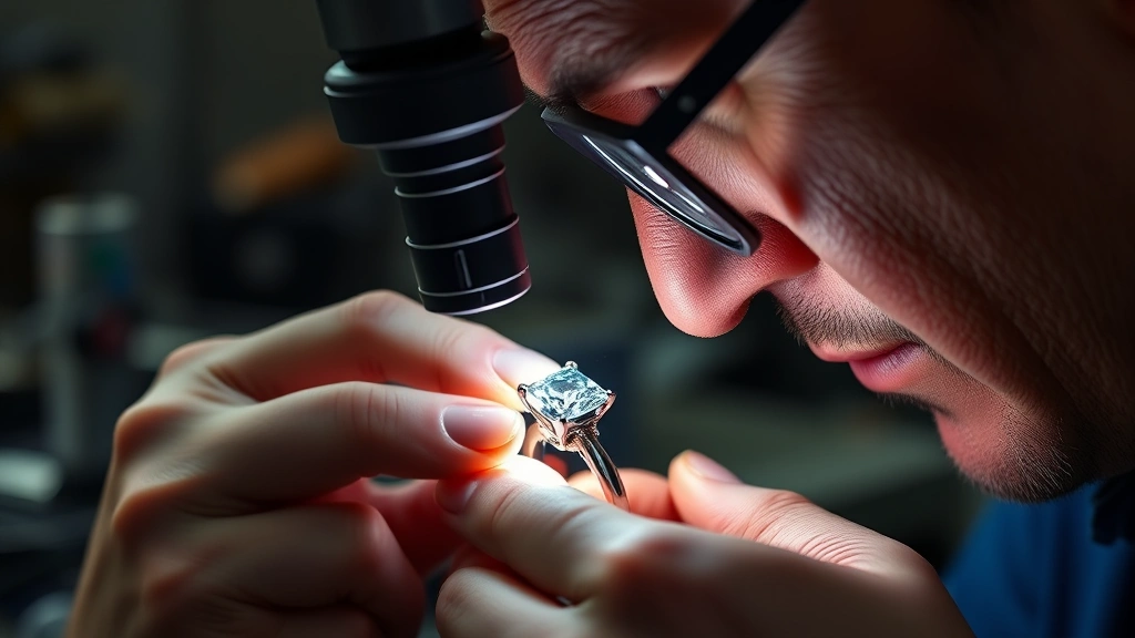 Professional jeweler examining a diamond engagement ring with loupe under bright task lighting, showing detailed inspection before resizing work begins