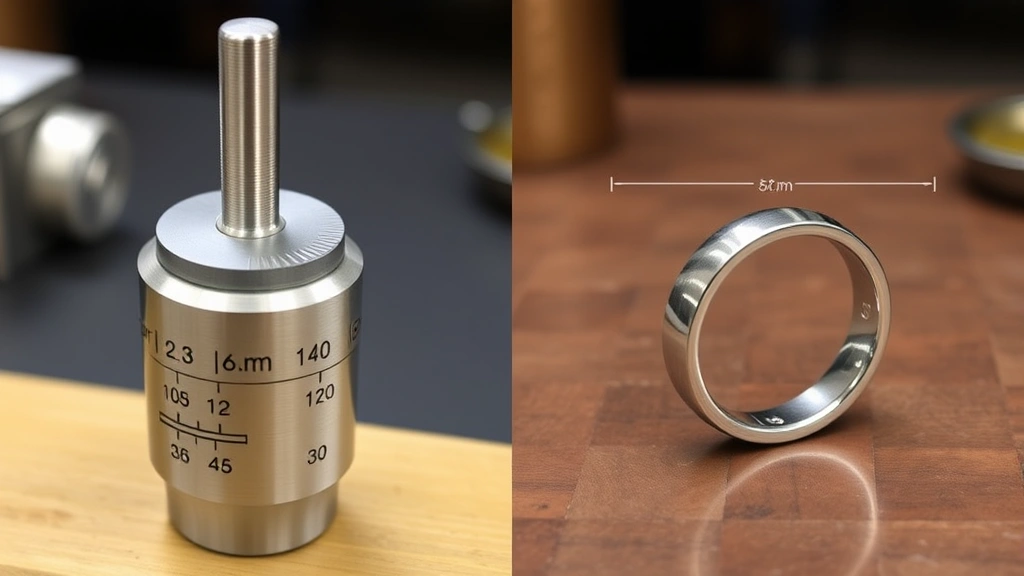 Side-by-side comparison showing ring sizing mandrel with multiple size markers and a properly fitted ring at correct diameter on a jeweler's work surface