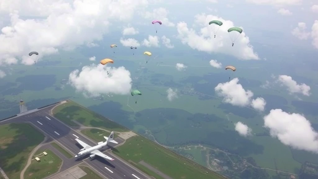 Aerial view of drop zone facility with aircraft on runway, several deployed parachutes visible in sky at various altitudes, green terrain and landing area visible below