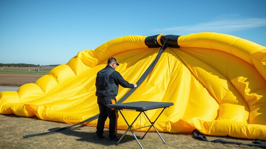 Experienced skydiver packing and inspecting main parachute canopy on ground with folding table, showing fabric condition checking and line inspection procedures