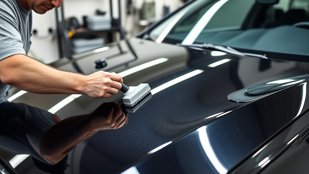 Professional vinyl wrap installation on sedan hood, technician using squeegee tool, bright workshop lighting, precision application visible