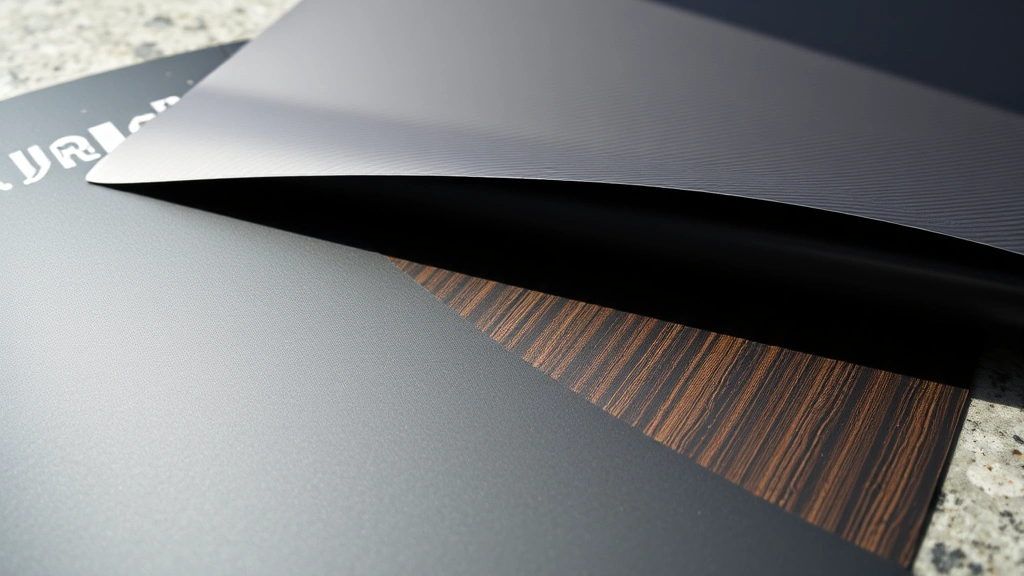 Close-up of vinyl material samples showing matte black, carbon fiber, and metallic finishes arranged on work surface, natural daylight