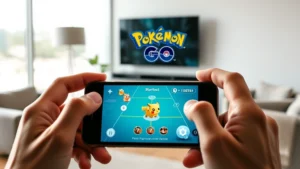 Professional gaming setup with Pokémon GO displayed on smartphone, stardust currency visible on screen, hands holding phone, modern room background, natural lighting
