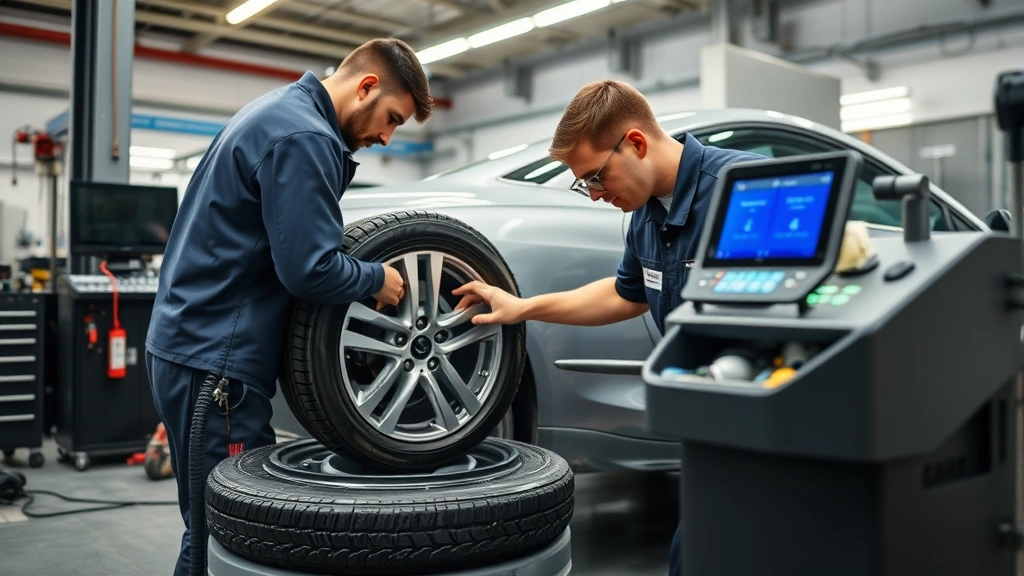 Professional mechanic using digital tire balancing machine on sedan wheel in modern auto shop with diagnostic equipment visible