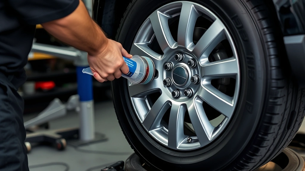 Close-up of technician applying adhesive wheel weights to alloy rim during tire balancing procedure at shop workstation