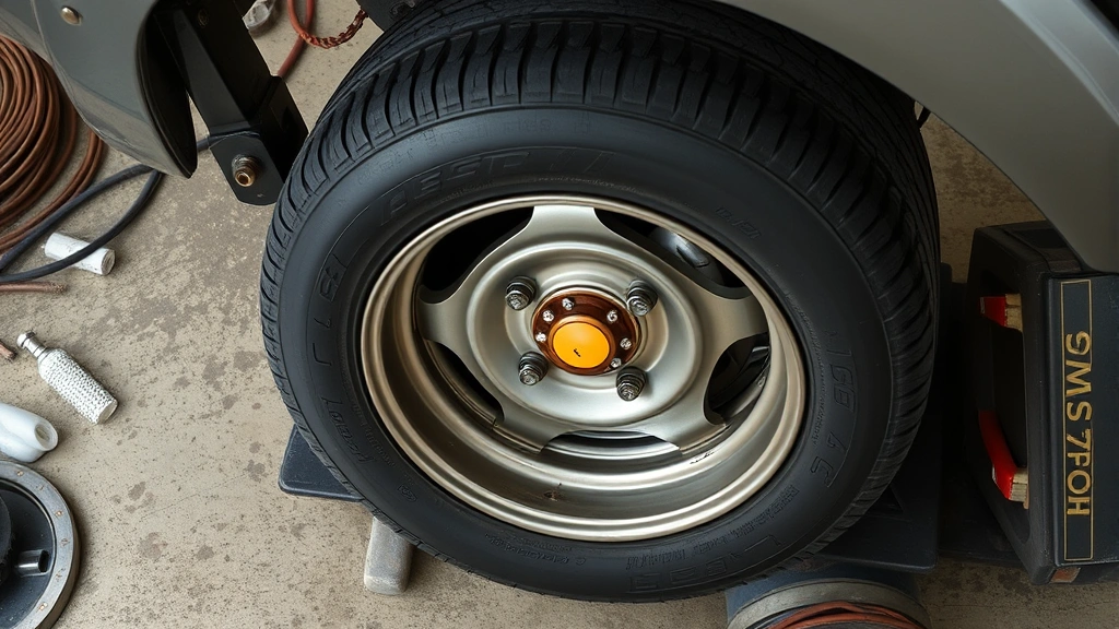 Overhead view of mechanic spinning tire on static balancing stand to identify heavy spots during home maintenance process