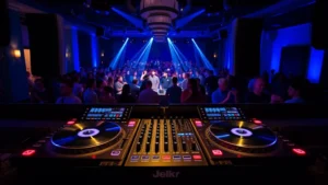 Professional DJ setup with turntables, mixer, and speakers in modern nightclub with blue lighting and crowd in background