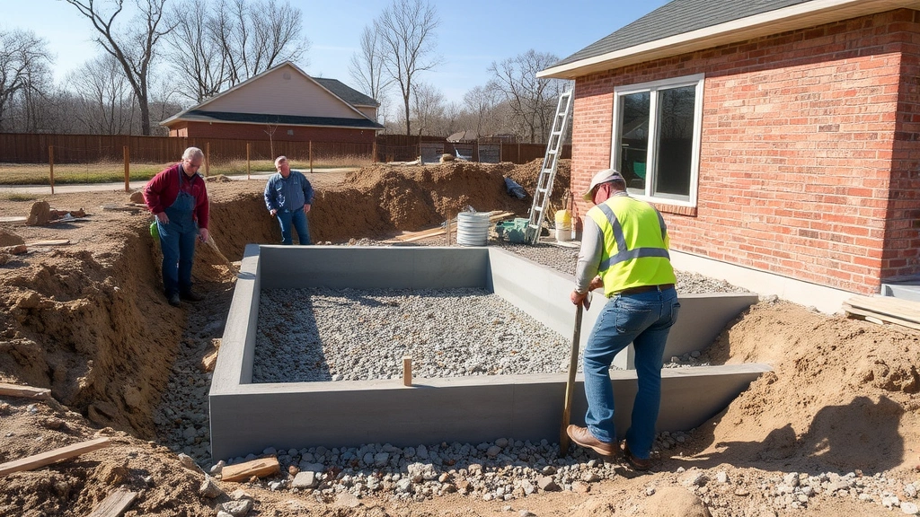 Professional construction crew installing concrete foundation for home room addition, showing excavated area with gravel base, forms, and concrete pouring in progress