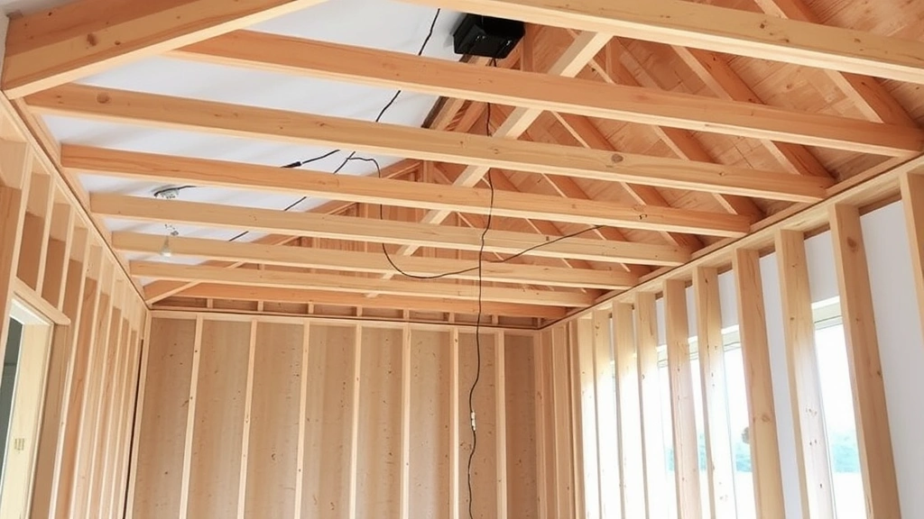 Interior framing of room extension showing wooden studs, ceiling joists, and electrical rough-in wiring during mid-construction phase