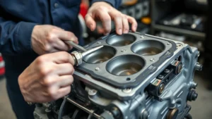 Professional mechanic carefully installing new head gasket onto engine block with precision torque wrench, showing proper gasket alignment and bolt placement, workshop setting with tools visible