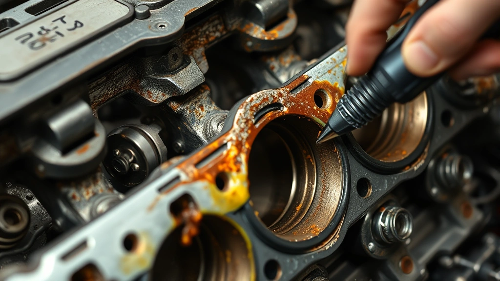 Close-up of engine cylinder head removal process showing gasket damage, corrosion patterns, and coolant contamination on metal surfaces, diagnostic inspection in progress