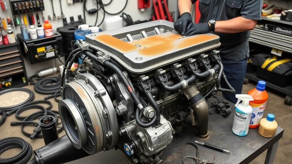 Complete engine disassembly workspace showing organized layout of removed components, gaskets, bolts, and cleaning supplies with mechanic performing surface preparation on engine block