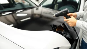 Professional vinyl wrap installer applying glossy black vinyl to sedan hood using heat gun and squeegee, workshop setting with proper lighting and clean vehicle