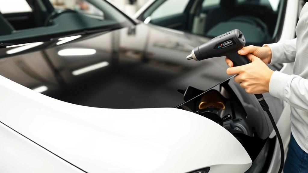 Professional vinyl wrap installer applying glossy black vinyl to sedan hood using heat gun and squeegee, workshop setting with proper lighting and clean vehicle