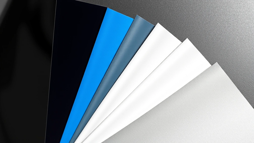 Close-up of premium vinyl material samples showing gloss, matte, satin, and chrome finishes fanned out, with texture and color detail visible