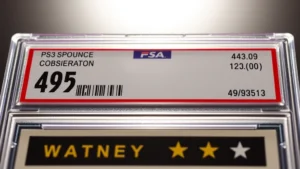 Close-up of PSA graded trading card in protective slab holder, showing grade number and authentication label, professional lighting highlighting card details and holder clarity