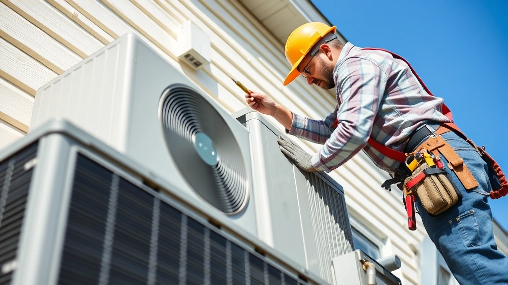 Professional HVAC technician installing outdoor condenser unit on residential home exterior, using proper safety equipment and tools, blue sky background, summer installation