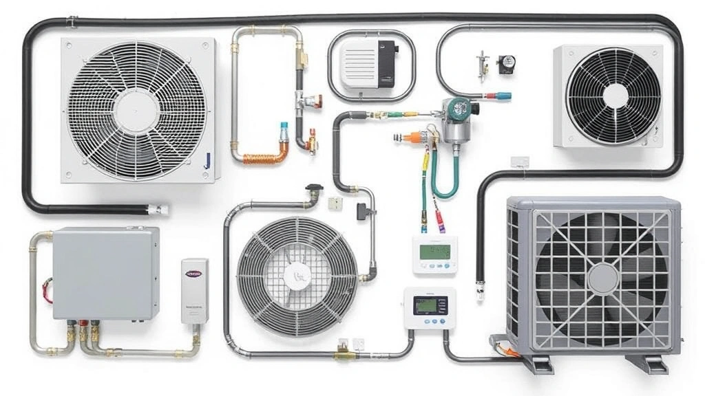 Residential home HVAC system components laid out showing indoor evaporator coil unit, outdoor condenser unit, refrigerant lines, and thermostat on white background