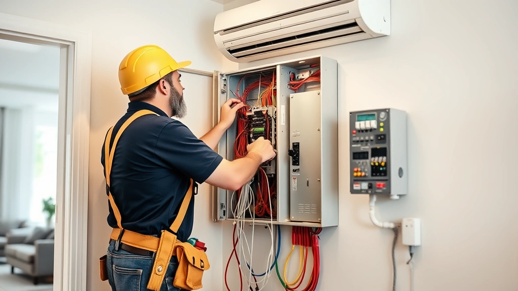 Licensed electrician working on home electrical panel to upgrade service for central air conditioning installation, modern home interior, proper safety gear visible