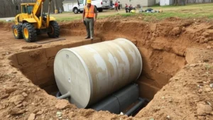 Professional septic tank contractor installing large concrete septic tank into excavated ground pit using heavy equipment and proper safety protocols, showing underground installation in progress