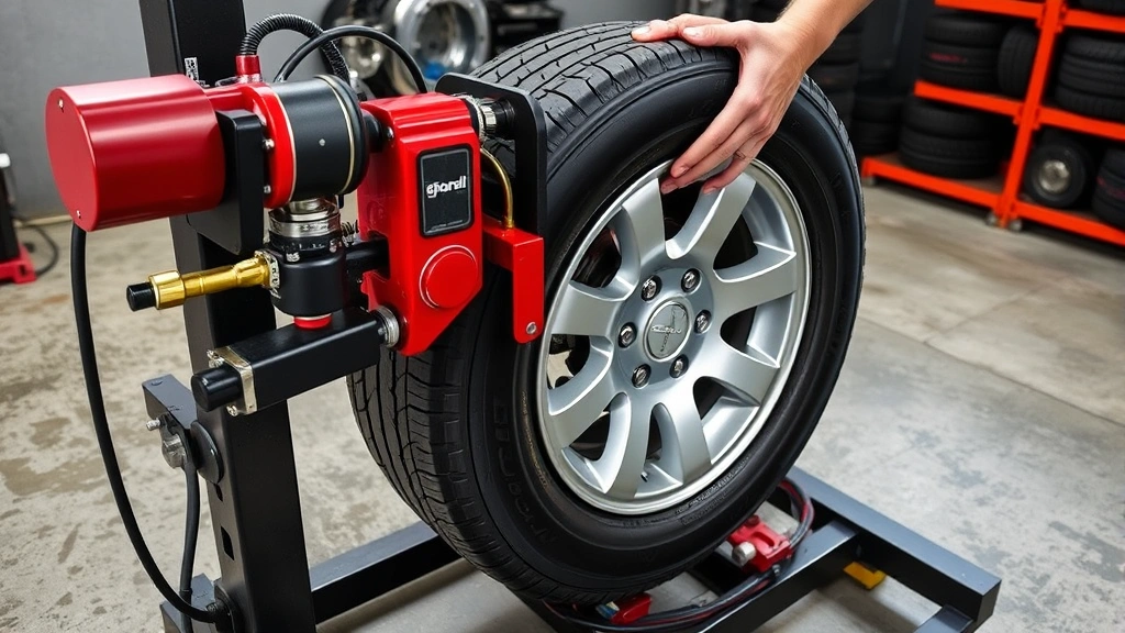 Professional tire mounting machine with red and black pneumatic equipment mounted on heavy-duty metal frame, technician's hands guiding tire onto aluminum wheel rim, workshop setting with concrete floor and tire racks in background